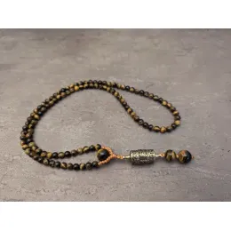 Tigerauge Mala Kette mit buddhistische Gebetsmühle Anhänger