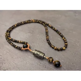 Tigerauge Mala Kette mit buddhistische Gebetsmühle Anhänger
