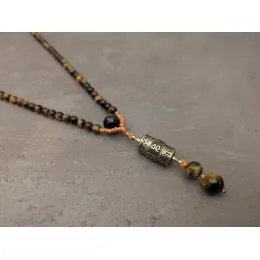 Tigerauge Mala Kette mit buddhistische Gebetsmühle Anhänger
