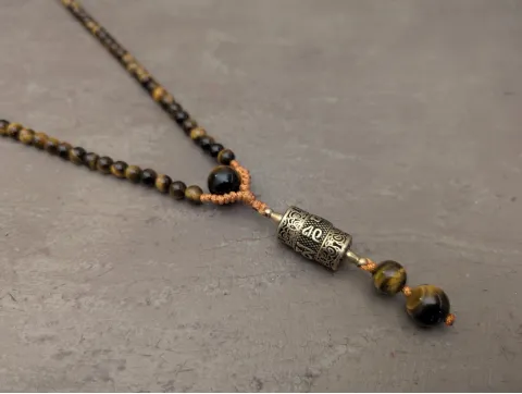Tigerauge Mala Kette mit buddhistische Gebetsmühle Anhänger