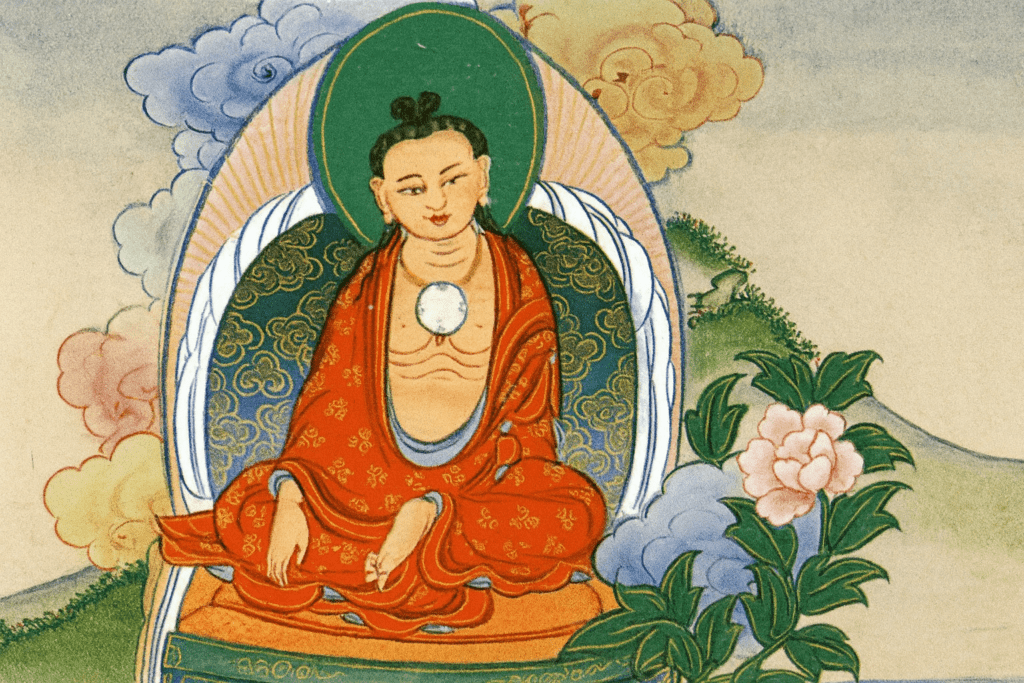 Drubthob Melong Dorje (1243–1303), einer der Bewahrer der Übertragungslinie des Vima Nyingtik, ist mit einem Spiegel um den Hals dargestellt.